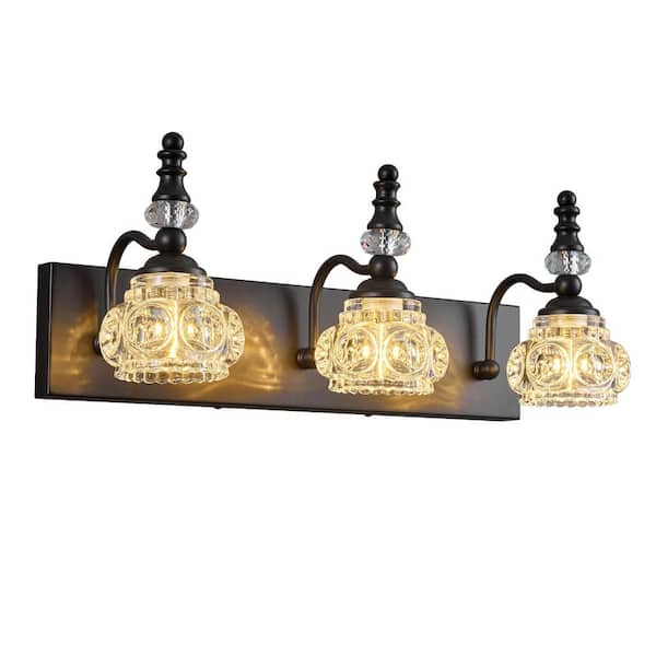 Home Lighting 19.68 In. 3-Light Black Modern Glass Crystal Vanity Light Vintage Bathroom Lighting Fixtures