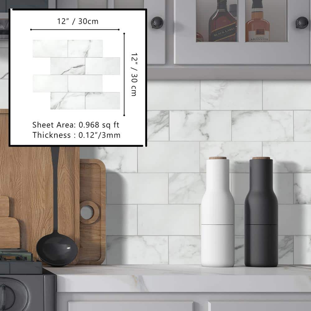 12'' x 12'' White Marble Peel and Stick Subway Tile