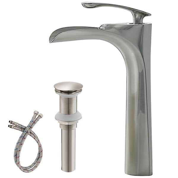 Single Handle Waterfall Bathroom Vessel Sink Faucet with Pop-Up Drain Modern Brass 1 Hole High Tall Taps Brushed Nickel
