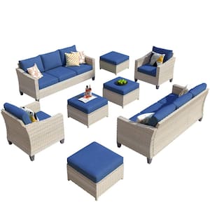 Oconee Beige 8-Piece Beautiful Outdoor Patio Conversation Sofa Seating Set with Navy Blue Cushions