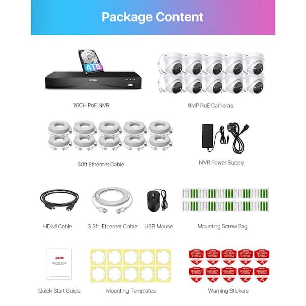 ZOSI 4K Ultra HD 16-Channel 8MP POE 4TB NVR Security Camera System