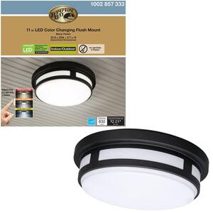 11 in. 1-Light Round Black LED Indoor Outdoor Flush Mount Ceiling Light Porch 830 Lumens 3 Color Temp Changes Wet Rated