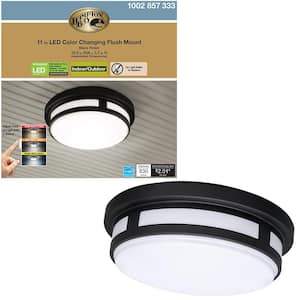 11 in. 1-Light Round Black LED Indoor Outdoor Flush Mount Porch Ceiling Light 830 Lumens 3 Color Temp Changes Wet Rated