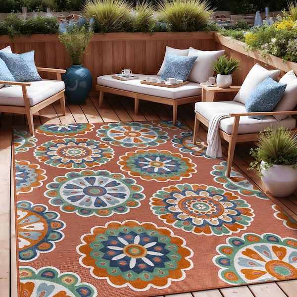 Mandala  10 ft. x 14 ft. Orange Washable Bohemian Medallion Indoor Outdoor Area Rug