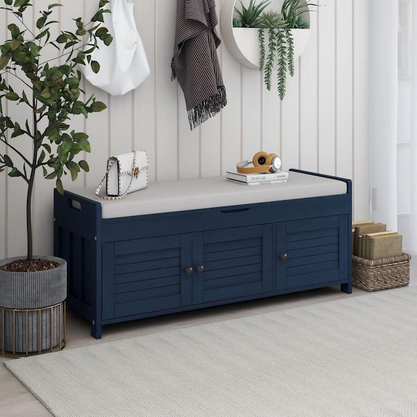 Damaris 18.00 in. H x 43.50 in. W Antique Navy Wood Shoe Storage Bench with Cushion, Cabinets and Doors