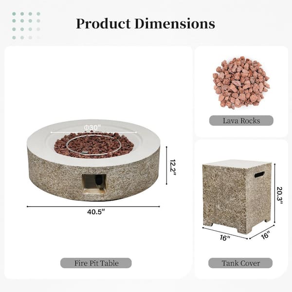 42 in. 50000BTU Outdoor Beige Round Magnesium Oxide Fire Pit Table with Propane Tank Cover