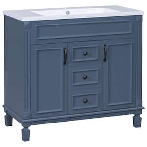 36 in. W x 18 in. D x 34 in. H Single Sink Freestanding Bath Vanity in Blue with White Resin Top