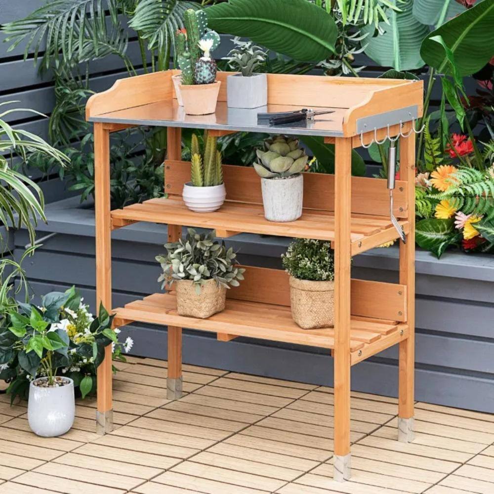 Natural Fir Wood Potting Bench with Galvanized Steel Top