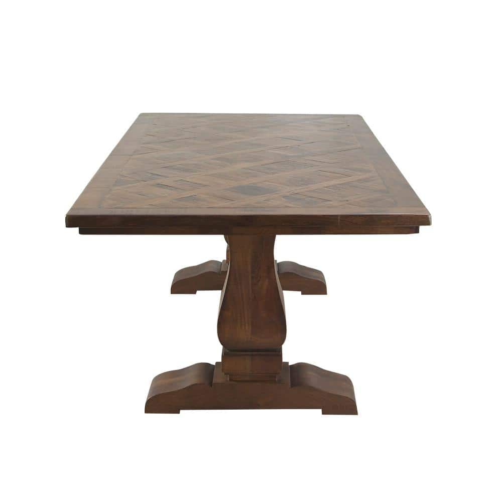 Parquet Inlay Reclaimed Pine Wood 84" Dining Table with Marble Accents
