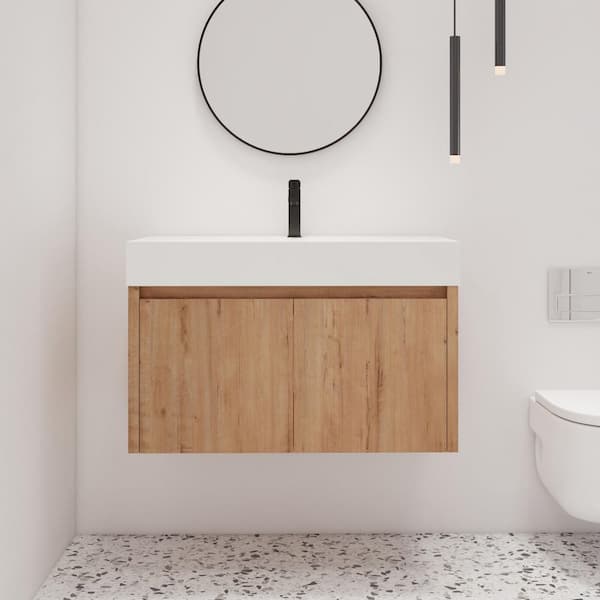 35.4 in. W x 18.1 in. D x 22.4 in. H Wall-Mounted Bath Vanity in Light Brown with White Resin Vanity Top