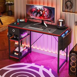 47 in. Rectangular Reversible Black Carbon Fiber LED Computer Desk with Storage Drawer, Adjustable Shelf and Side Bag