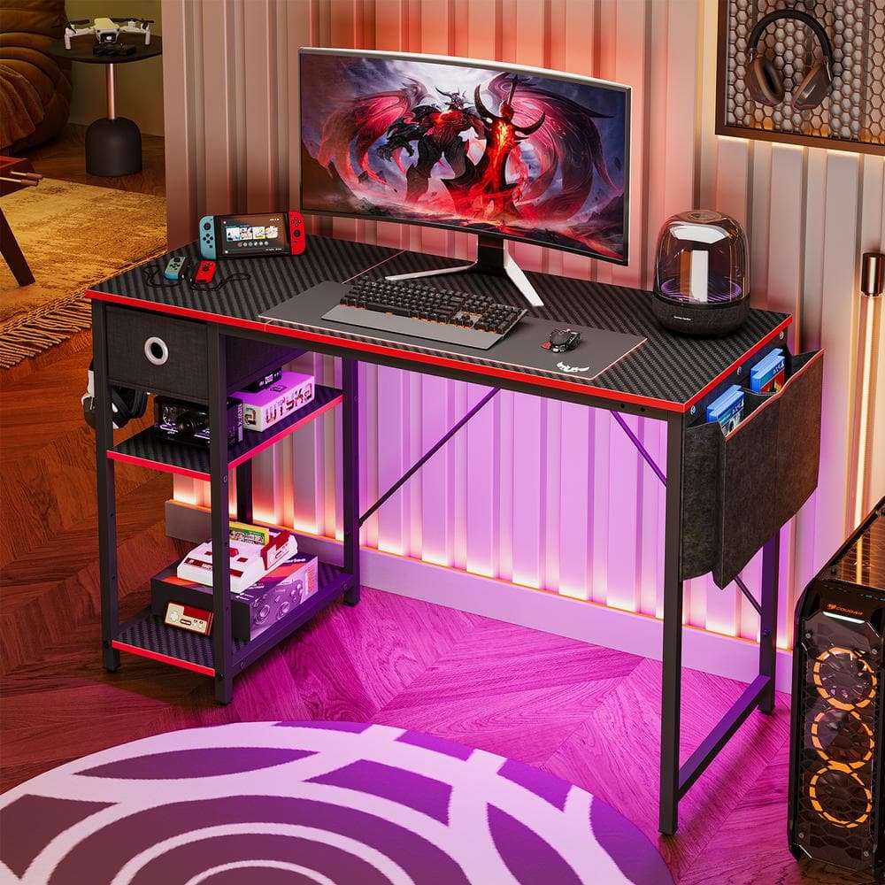 Bestier In Rectangular Reversible Black Carbon Fiber Led Computer Desk With Storage Drawer