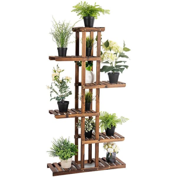 FORCLOVER 55.5 in. Tall Indoor/Outdoor Brown Fir Wood Garden Shelf Storage Plant Rack Stand 6-Tiered