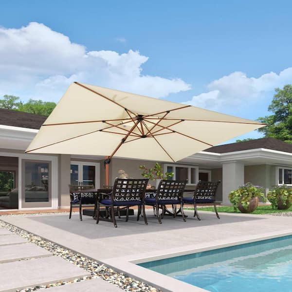 10 ft. x 13 ft. High-Quality Wood Pattern Aluminum Cantilever Patio Umbrella with Stand, Cream
