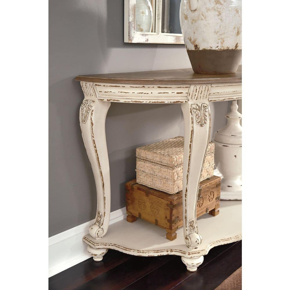 Realyn Demilune Sofa Table with Storage in Distressed White/Brown