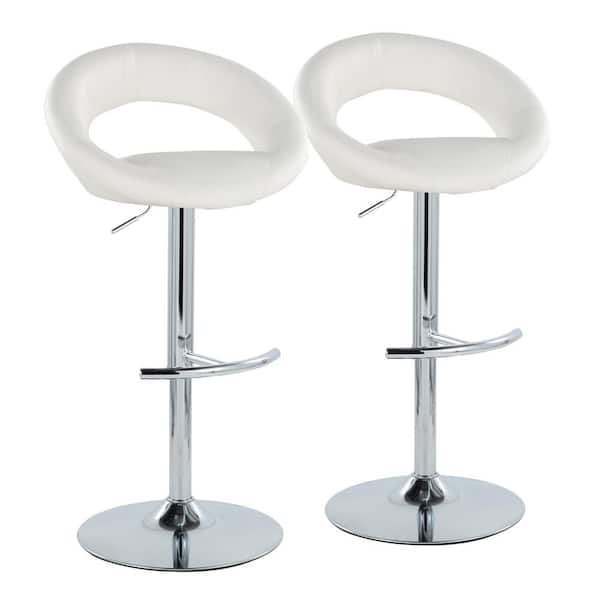 Lumisource Posh 33.25 in. White Faux Leather and Chrome Metal Adjustable Bar Stool (Set of 2)