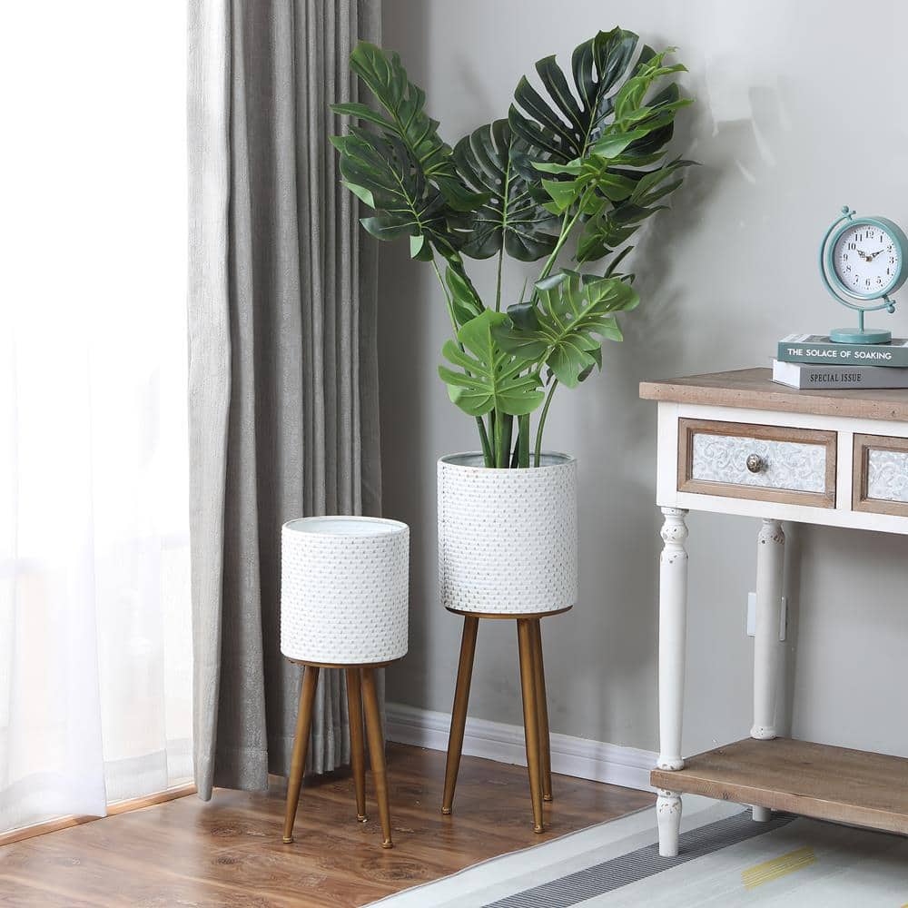 Distressed White and Bronze Dimpled Metal Planter Set with Tripod Stand