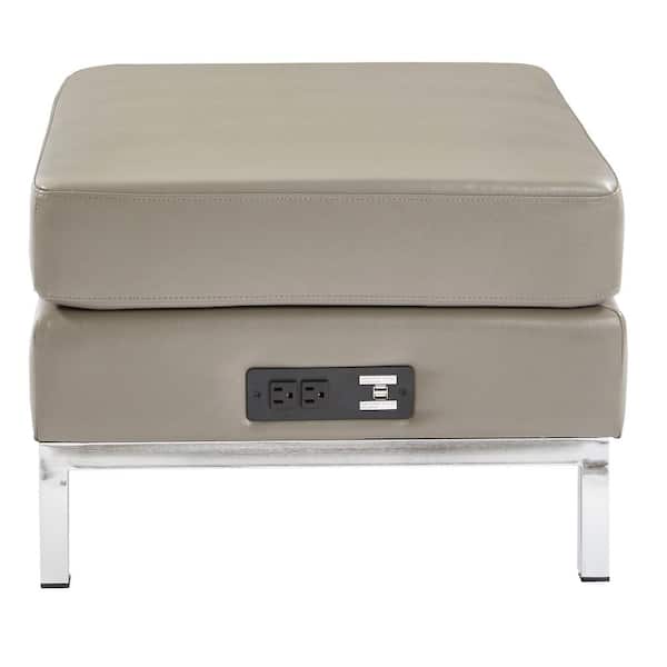OSP Home Furnishings Smoke Faux Leather Ottoman Modular Component with Chrome Base and AC/USB 3.0 Charging Station
