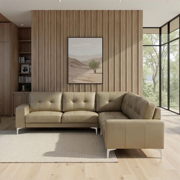Pimentel Modern 102 in. Track Arm Top Grain Genuine Leather L-Shaped Sectional Sofa in. Khaki