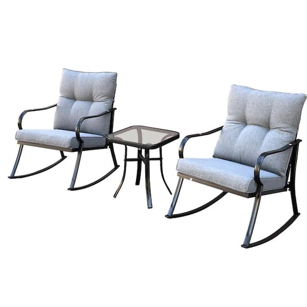 Cesicia Metal Outdoor Rocking Chair with Gray Cushions and Table 3-Pack