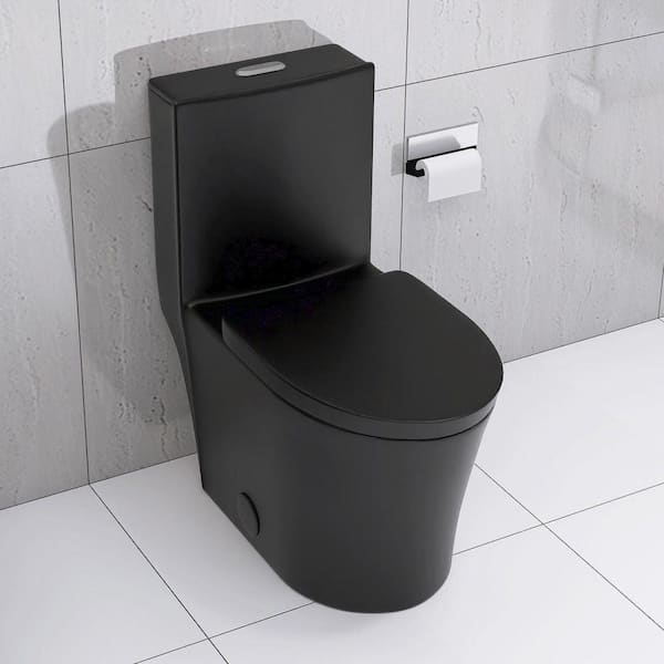 12 in. 1-piece 1.1/1.6 GPF Dual Flush Elongated Toilet in Black with Seat Included, Slow-Close, Wax Rings