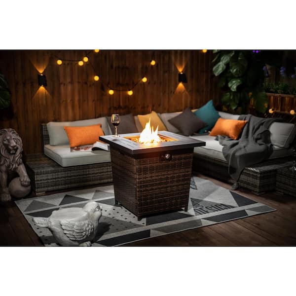 40000 BTU 27 in. Outdoor Steel PE Rattan Fire Pit Table Propane Fire Pit Table with Lava Rocks