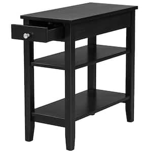 11.5 in. Black 24.5 in. Rectangle Wood End Table Side Table with Drawer Double Shelf Narrow Nightstand