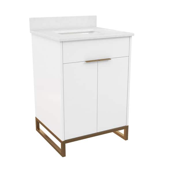 COSMO LIVING Leona 24 in. W x 22 in. D x 38 in. H Single Sink Bath Vanity in White with White Engineered Stone Composite Top