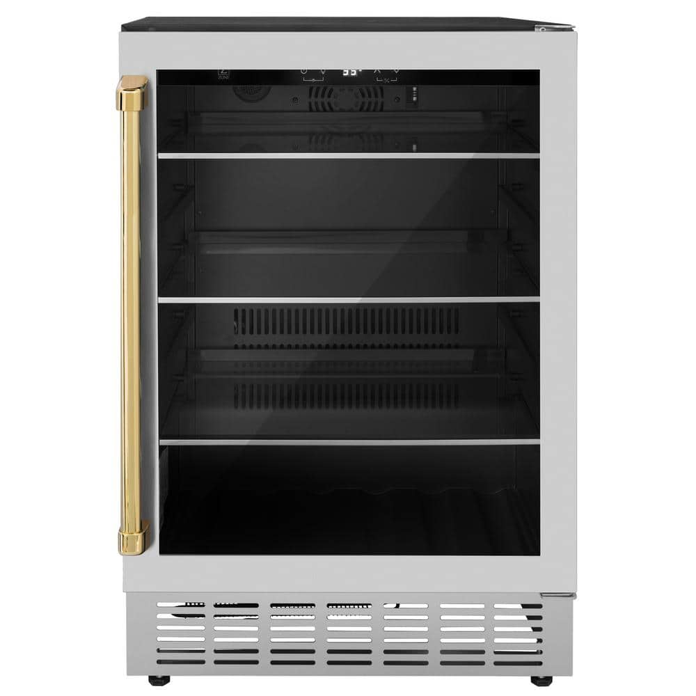 Monument Autograph Edition 24 in. Single Zone 154-Can Beverage Fridge with Polished Gold Handle in Stainless Steel -  ZLINE Kitchen and Bath, RBVZ-US-24-G