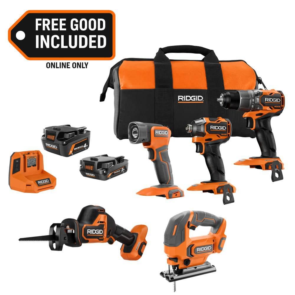 Ridgid 18V NUKE SubCompact Brushless 4-Tool Combo Kit w/ 2Ah, 4Ah Battery, & Charger w/ FREE 18V Jig Saw