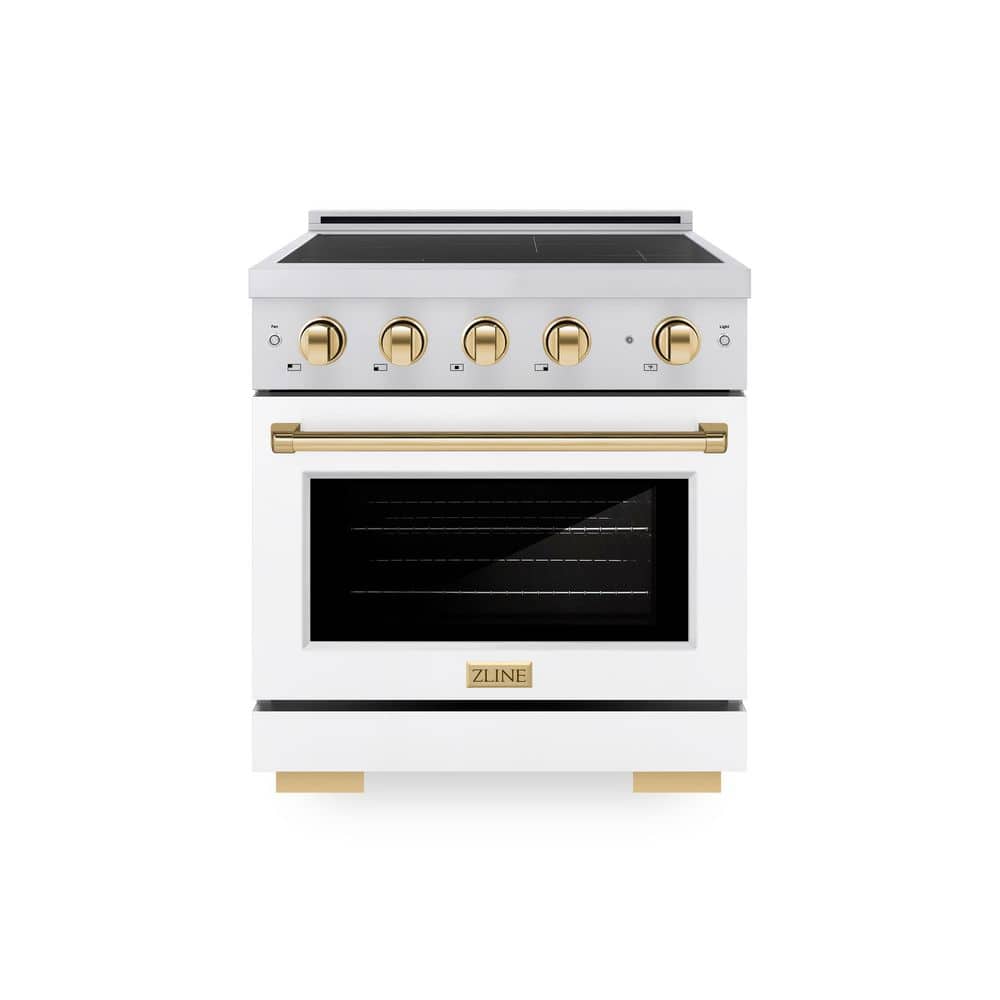 ZLINE Kitchen and Bath Autograph 30 in. 4.2 cu. ft. Induction Range with 4 Element Cooktop in Stainless with White Matte and Gold Accents