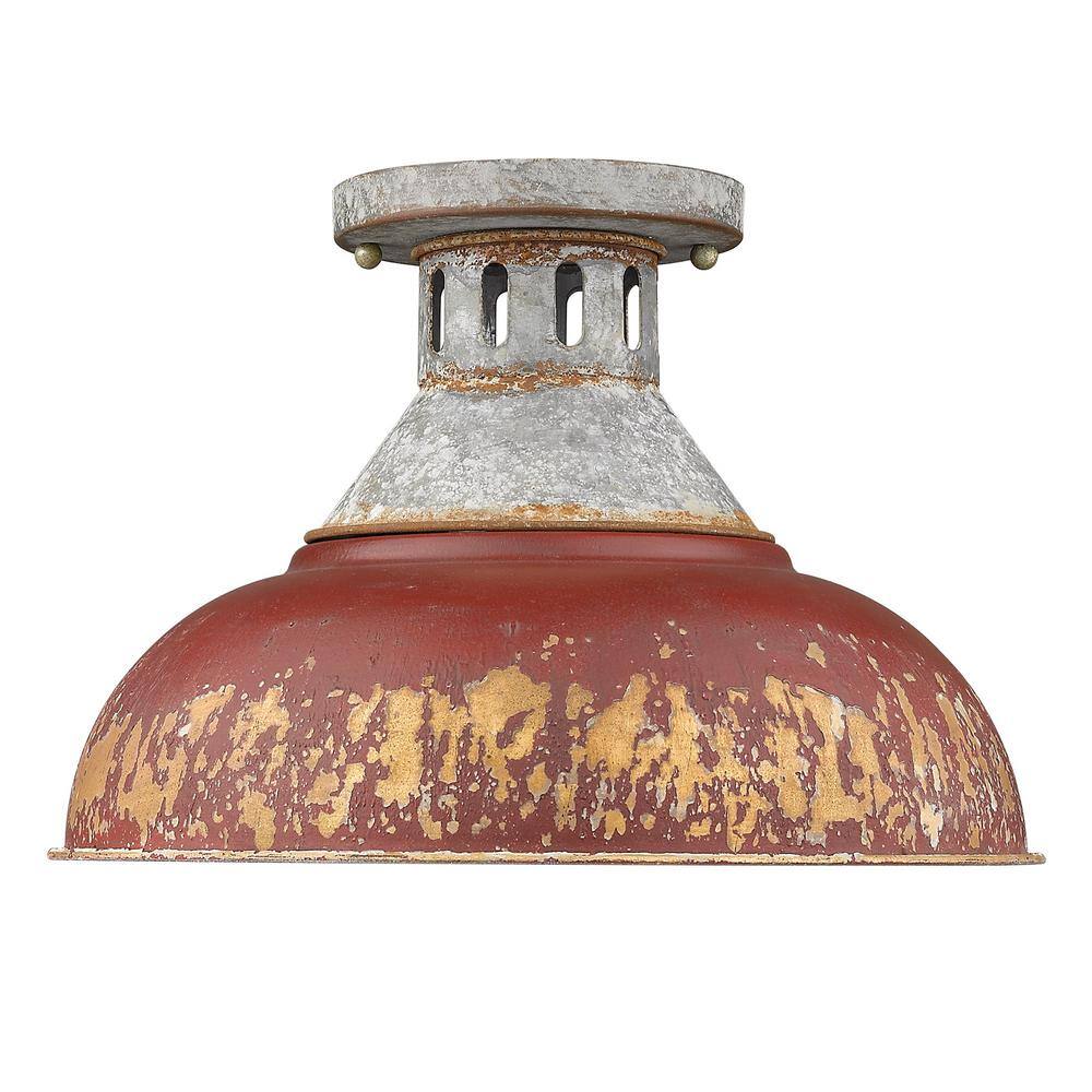 Antique Red Steel and Glass Semi-Flush Mount Light