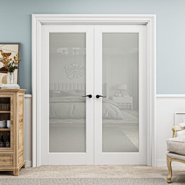 56 in. x 96 in. 1-Lite Frosted Glass Universal Primed Solid Core Glass Double Prehung French Door+ Quick Assemble Jamb