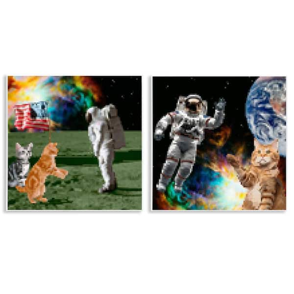 Stupell Industries Cats & Astronauts in Space by June Erica Vess 2 Pieces Unframed Animal Graphic Art Print 12 in. x 12 in.