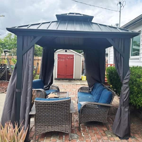8 ft. x 10 ft. Gray Aluminum Hardtop Gazebo Canopy with Netting and Curtains
