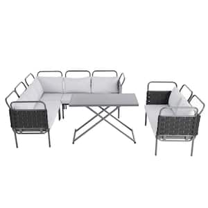 5-Piece Metal Outdoor Woven Rope Furniture Sectional Set with Glass Table and Gray Cushions