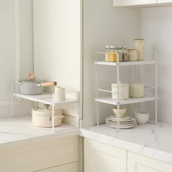Adjustable Kitchen Cabinet Shelf Organizer, Expandable 2-Tier Cabinet Shelf, Stackable Countertop Organizers, White