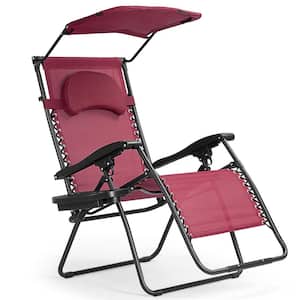 Pink Steel Frame Wine Red Fabric Folding Recliner Lounge Chair with Shade Canopy and Cup Holder for Outdoor Furniture
