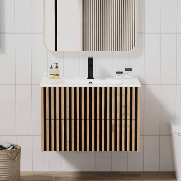 30 in. W x 18.3 in. D x 19.7 in. H Wall-Mounted Bath Vanity in Oak with White Ceramic Top and Drain Faucet Set
