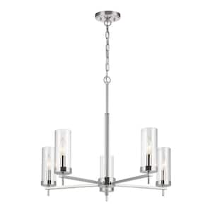 Zire 5-Light Chrome Modern Minimalist Hanging Dining Room Candlestick Chandelier with Clear Glass Shades