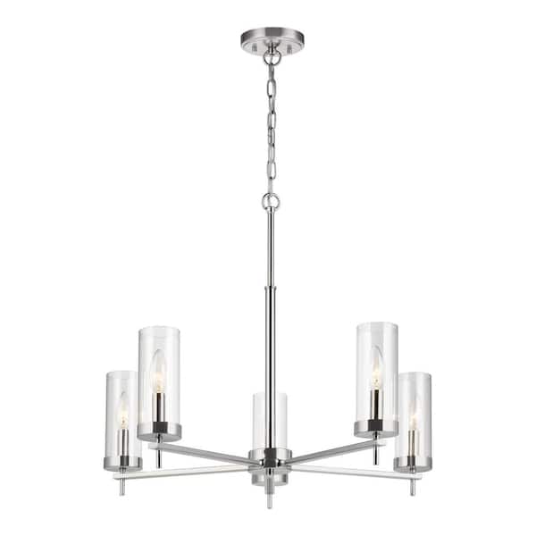 Generation Lighting Zire 5-Light Chrome Modern Minimalist Hanging Dining Room Candlestick Chandelier with Clear Glass Shades