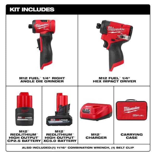 M12 FUEL 12V Lithium-Ion Brushless Cordless 1/4 in. Right Angle Die Grinder Kit w/ Impact Driver & Batteries