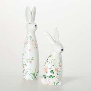 12 in. And 9 in. Floral Bunny Figurine Set of 2, Ceramic