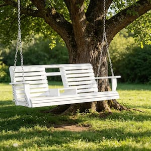 3-Seater White Wooden Patio Porch Swing with Folding Coffee Table, Cup Holders, Chains - 440 lbs Weight Capacity