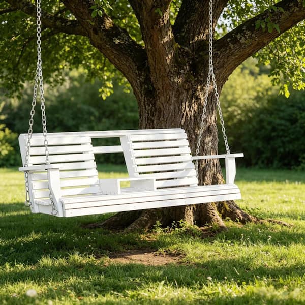 2 Person White Wood Porch Swing with Armrest and Cup Holders DL