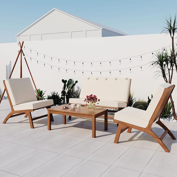 Cesicia 4-Piece Solid Wood Outdoor Patio Conversation Sectional Sofa with Beige Cushions
