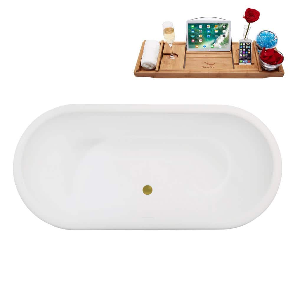 71'' Glossy White Acrylic Freestanding Soaking Tub with Brushed Gold Trim