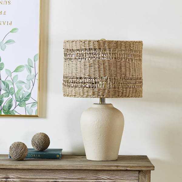 Maxax Sacramento 21-in Beige Ceramic Table Lamp with Woven Rattan Lampshade