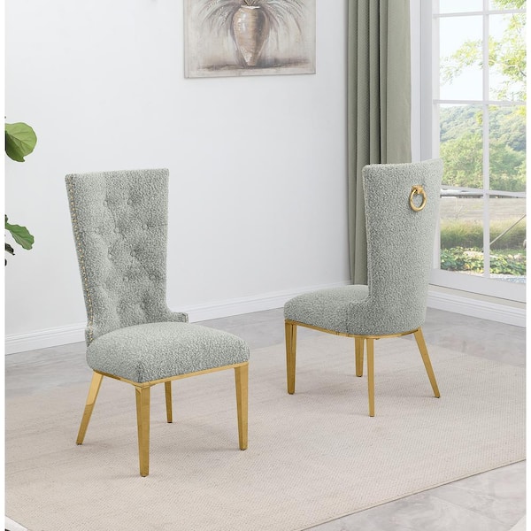 Shirley Rich Grey Boucle Fabric Side Chair Set of 2 with Gold Stainless Steel Legs