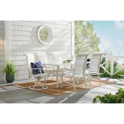 Riverbrook Shell White 7-Piece Outdoor Patio Aluminum Rectangular Glass Top Dining Set with Padded Sling Chairs